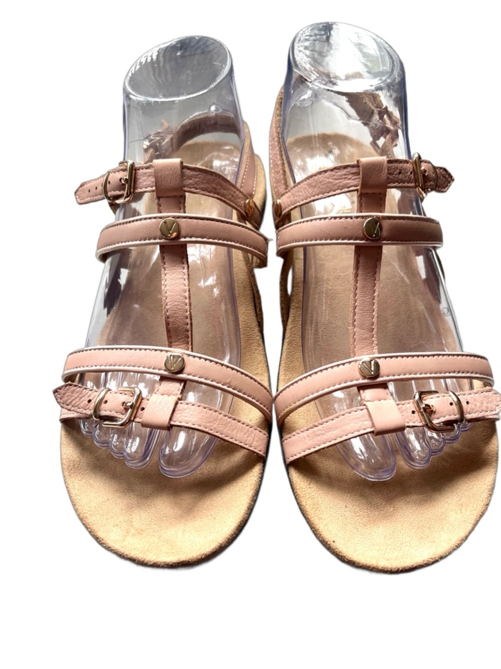 Vionic Blush Pink T-Strap Sandals with Gold Accents